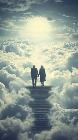 Old couple walking up the stairs among clouds in the sky to the shining light symbolizing heaven or Christian paradise. Life end and time passing concept.の素材
