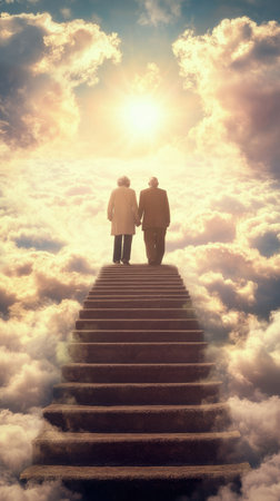 Old couple walking up the stairs among clouds in the sky to the shining light symbolizing heaven or Christian paradise. Life end and time passing concept.の素材