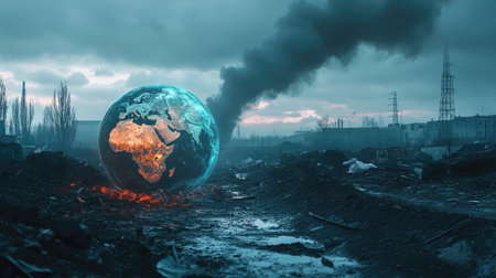 Earth globe on polluted ground in the abandoned town. Environmental pollution ecology concept.の素材