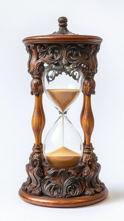 Beautiful old vintage wooden hourglass with grains of sand falling down against white background.の素材