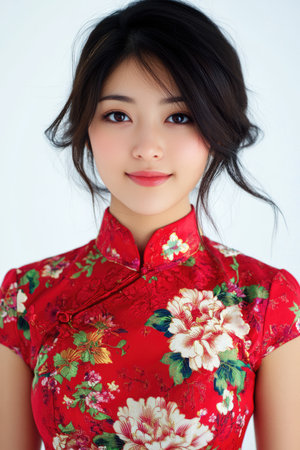 Studio portrait of a young beautiful Asian woman wearing red kimono dress with floral ornament on white background.の素材