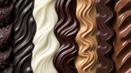 Close-up of melted swirls of sweet dessert for advertisement. Pouring delicious dark, milk and white chocolate.の素材