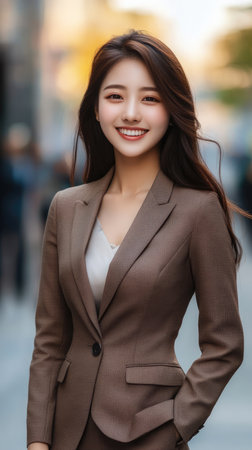 Young beautiful smiling model looking Asian businesswoman in brown suit in the street of a big city. Urban luxury business fashion concept.の素材