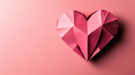 Red paper origami heart on pink background. St. Valentine's day concept. Symbol of love, romance and passion.の素材