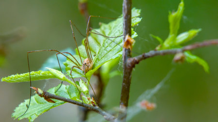 Spider on the branch of a tree in nature. Phalangium opilio (also known as the Common harvestman and daddy longlegs). Shallow depth of fieldの写真素材