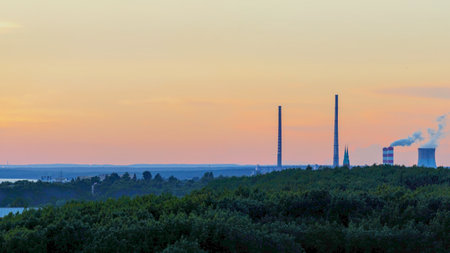 A beautiful sunset with a panorama of the Rybnik area in Silesiaの写真素材