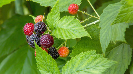 fruits ripening in the summer on a blackberry bush