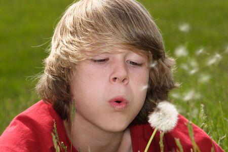 a teenaged boy blows on a dandelion seed headの写真素材