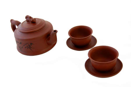 Chinese teapot, cups and dishes. Made of zisha clay.の写真素材