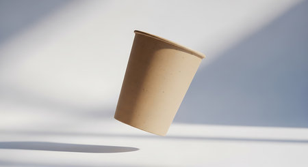 Realistic brown kraft paper cup mockup with soft, ambient lighting and shadows, perfect for showcasing branding.の素材