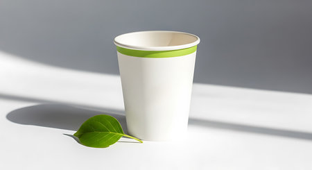 Showcase your branding on this clean white coffee cup mockup with a subtle green band and organic leaf shadow.の素材