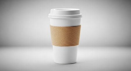 A clean white coffee cup with a textured brown sleeve is presented for your custom design needs.の素材