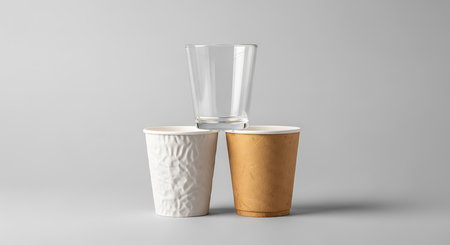 Showcase your beverage designs with this versatile mockup featuring three distinct cups arranged dynamically.の素材