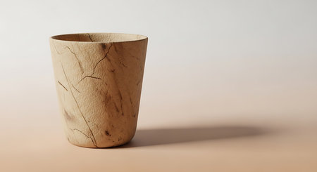 A close-up shot of a disposable coffee cup showcasing a warm beverage and subtle shadow on a flat surface.の素材