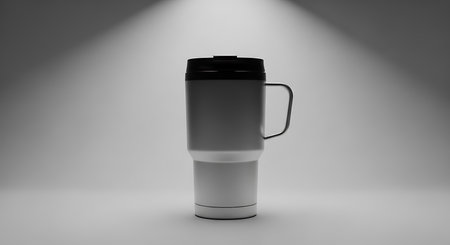 Realistic studio shot of a sleek travel mug mockup perfect for showcasing beverage branding and product design.の素材