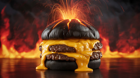 A double patty volcano burger with black buns, overflowing with bright orange molten cheese. Fiery sparks erupt from the top, set against a dramatic backdrop of hot flames.の素材