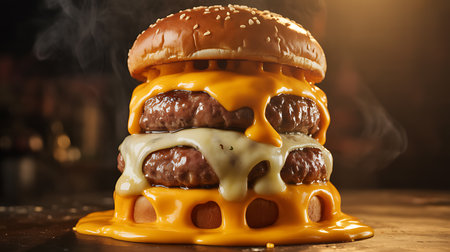 An appetizing, towering cheeseburger featuring multiple beef patties generously smothered in hot, gooey melted cheddar and white cheese, served steaming fresh. Ready to eat.の素材