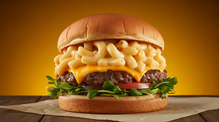 Indulge in this delicious, towering mac and cheese burger, featuring a thick beef patty, melted cheddar, fresh lettuce, and tomato on a toasted bun. Perfect for food blogs and advertising.の素材