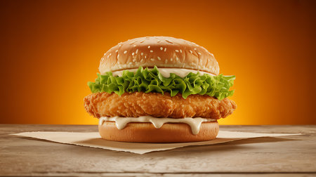 A delicious crispy fried chicken burger with fresh green lettuce, creamy white sauce, and a toasted sesame seed bun, ready to be enjoyed as a tempting fast-food meal.の素材