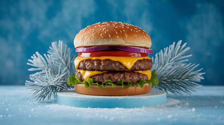 Juicy double cheeseburger featuring melted cheese, crisp lettuce, fresh tomato, and red onion, presented on a snowy pedestal with winter branches.の素材
