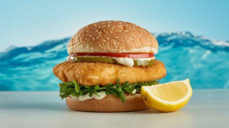 A golden crispy fried fish sandwich on a sesame bun with fresh lettuce, tomato, pickles, and mayonnaise. Paired with a lemon wedge for a delicious meal.の素材