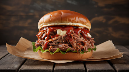 A mouth-watering pulled pork burger featuring tender shredded meat, tangy BBQ sauce, and crisp lettuce, served on a toasted bun on a rustic wooden surface. Ideal for food advertising.の素材