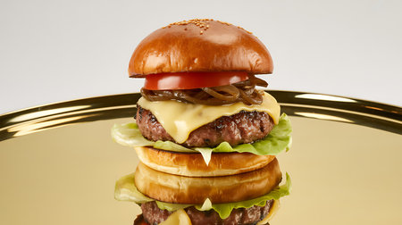 Delicious gourmet cheeseburger featuring a juicy beef patty, melted cheddar cheese, fresh lettuce, ripe tomato, and sweet caramelized onions on a golden brioche bun.の素材