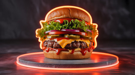 An appetizing gourmet beef burger, layered with fresh lettuce, tomato, red onion, melted cheese, and zesty jalapeÃ±os. Highlighted by a dynamic neon orange glow.の素材