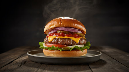 A steaming hot beef burger with melted cheese, fresh lettuce, tomato, onion, and pickles on a brioche bun. Perfect for food blogs, menus, and advertising.の素材