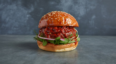 A high-quality studio shot of a gourmet burger. It features a glossy sesame bun, thick patty with a rich red sauce, fresh green leaves, and red onion slices. Perfect for culinary media.の素材
