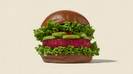 A gourmet, plant-based burger featuring a vibrant beetroot patty, crisp lettuce, creamy avocado, and savory sauce, all nestled in a toasted bun. Healthy meal.の素材