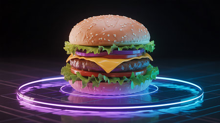 A delicious gourmet double cheeseburger with fresh lettuce, tomato, onion, and cheese, presented on a vibrant, glowing neon digital platform. Modern fast food concept.の素材