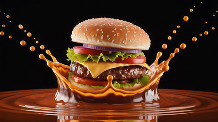 A mouthwatering beef burger featuring a thick patty, melted cheese, crisp lettuce, juicy tomatoes, and red onion, surrounded by an dynamic sauce splash. Perfect for fast food menus or culinary promotions.の素材