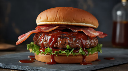 A tempting, juicy gourmet bacon burger with generous BBQ sauce, fresh green lettuce, and a toasted bun, presented on a sleek slate board for dining pleasure.の素材