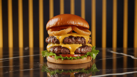 This hearty double cheeseburger features two succulent beef patties, rich melted cheddar cheese, crisp lettuce, ripe tomato, and golden onion rings on a toasted bun.の素材