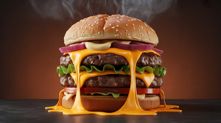 A steaming triple cheeseburger with juicy beef patties, melted cheddar cheese, lettuce, onion, tomato, and bun. Captures fresh, hot fast food, perfect for advertising.の素材