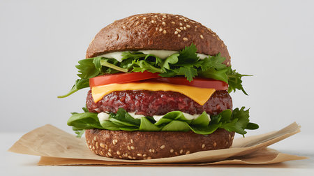 A mouthwatering plant-based burger presented with fresh lettuce, sliced tomato, melted cheese, and a whole grain sesame bun. Perfect for healthy eating.の素材