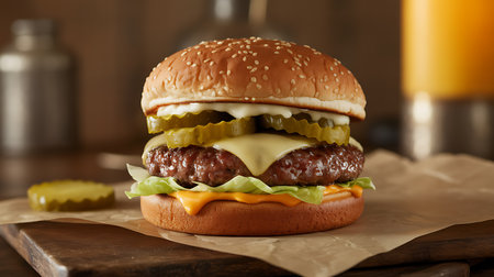 A mouthwatering, perfectly grilled beef patty cheeseburger with fresh lettuce, melted cheddar cheese, tangy pickles, and creamy sauce on a sesame seed bun, ready to enjoy.の素材