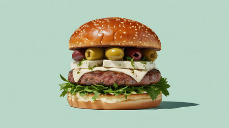 A gourmet Mediterranean burger with a juicy beef patty, melted cheese, feta, green and black olives, fresh arugula, and a toasted sesame bun. Appetizing studio shot.の素材