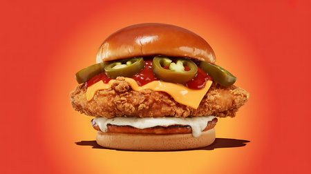 A mouthwatering spicy fried chicken sandwich, layered with crispy chicken, melting cheese, fiery jalapeÃ±os, and tangy sauce on a golden brioche bun. Perfect fast food for cravings.の素材