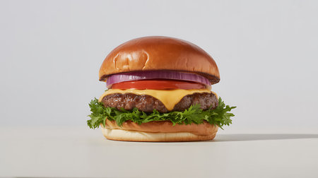 A mouthwatering, perfectly grilled beef patty topped with melted cheddar cheese, crisp lettuce, red onion, and ripe tomato, served on a toasted brioche bun. Ideal for menus, ads, and food blogs.の素材
