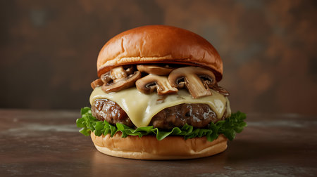 A delectable gourmet mushroom cheeseburger features a juicy beef patty, melted swiss cheese, sautÃ©ed mushrooms, and crisp lettuce on a toasted brioche bun. Perfect meal.の素材