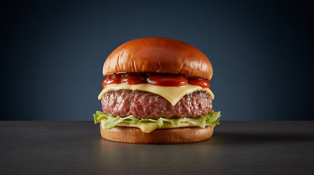 A delicious, freshly prepared gourmet beef burger with a thick patty, melted cheese, crisp lettuce, and tangy ketchup on a golden bun, ready to eat.の素材