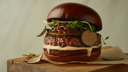 A luxurious gourmet burger with black truffle slices, a juicy beef patty, fresh microgreens, and a glossy dark brioche bun, presented on a rustic wooden board.の素材