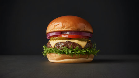 A delectable gourmet beef burger, assembled with melted cheese, red onion, tomato, pickles, and fresh arugula on a toasted bun. Perfect for menus.の素材