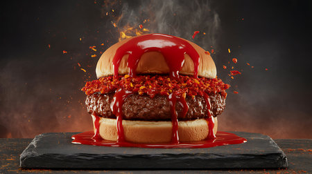 A gourmet double patty burger, loaded with savory chili, hot red sauce, and spicy flakes, presented on a dark slate with a fiery background. Captivating food photography.の素材