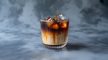 Deliciously layered cold iced coffee with milk, a refreshing drink.の素材