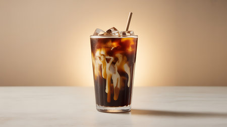 Refreshing iced coffee with cream swirl, ice, and strawの素材