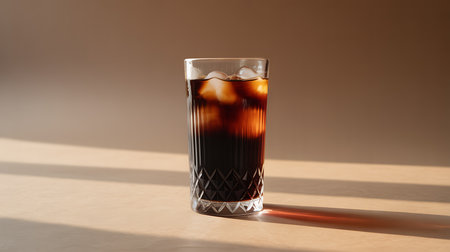 Cooling iced coffee in a stylish glass with sunlit shadow play.の素材