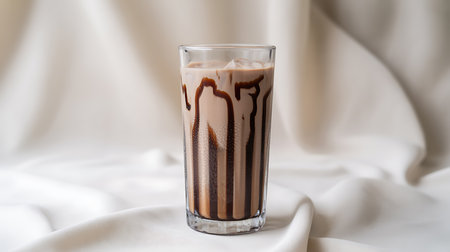 Cold chocolate drink in glass, rich syrup streams down sides.の素材